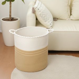 MEVRONISSHOP-Panier &agrave; Linge 62L en Coton Tress&eacute;, Grand Panier de Rangement avec Poign&eacute;es, Panier &agrave; Lessive Stable pour Chambre Salle de Bain, Panier de Lavage Durable blanc et kaki - Neuf