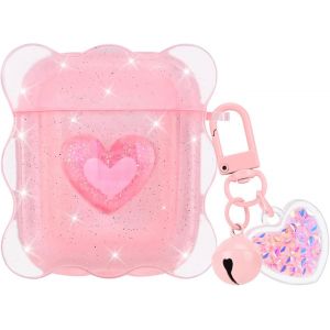 Coque Brillant Compatible avec Airpods 1/2 G&eacute;n&eacute;ration avec Porte-cl&eacute;s, &Eacute;tui de Protection avec C?ur Cristal pour Fille, Housse en Silicone Antichoc Anti-Rayures Antid&eacute;rapant, Rose Transparent - Neuf