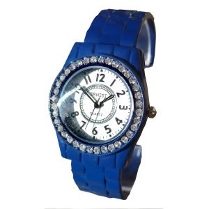 Montre Clip Femme Luxe Bleu Marine Cadran Fond Blanc Avec Strass - Neuf