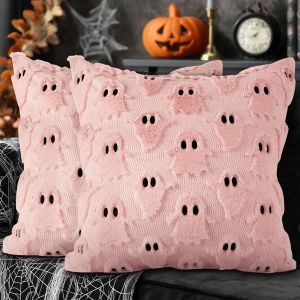Cauc-Lot De 2 Fant&ocirc;me Housse De Coussin Halloween 40x40 Cm, Fant&ocirc;me &Agrave; Deux Yeux Vintage Parure Oreiller D&eacute;coration De Lit Grimace Deco Pour Chambres Canap&eacute; Halloween Decoration (Rose, Style 01) - Neuf