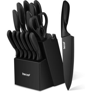 Mevronisshop-Set De 14 Couteaux De Cuisine Avec Bloc Aiguiseur, Noir, Rev&ecirc;tement Antiadh&eacute;sif &iquest; Compatibles Lave-Vaisselle, Manches Ergonomiques, Gain De Place, Pour D&eacute;marreur Et Enthousiasme Pour La - Neuf