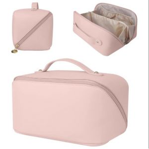 Trousse de maquillage de voyage grande capacité, trousse de maquillage portable, organiseur en cuir imperméable, trousse de toilette avec compartiment séparateur (rose) - Neuf