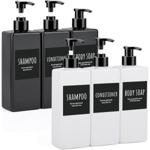 KAL-Flacon Pompe Vide 500Ml, 6 Pièces Distributeur Savon Cuisine, Distributeur Gel Douche, Distributeurs De Savon Et De Lotion, Distributeur Shampoing Avec Etiquettes (Noir + Blanc) - Neuf