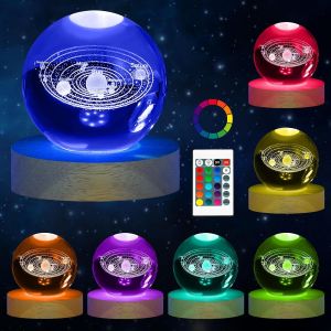 Lampe Boule De Cristal 3d, Lampe De Nuit Boule De Cristal 3d Du Syst&egrave;me Solaire, Lampe 3d Avec T&eacute;l&eacute;commande, Cadeau De Saint Valentin, Cadeau De Astronomie Pour Enfants - Rechargeable - Neuf
