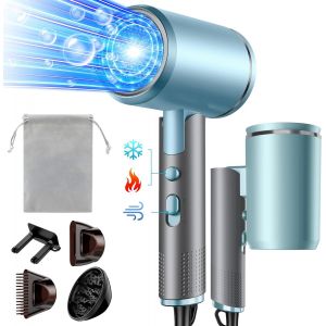 Folding Hair Dryer, 2400w Ionic Hair Dryer With Diffuser, Professional Hair Dryer, 3 Temperatures/3 Speed, Hot/Cold Button, For Family Travel Hair Salons (Grey Blue) - Neuf