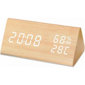 Digital Alarm Clock, Wooden Electronic LED Time Date Display Temperature Moisture Detection 3 R&eacute;glage D'Alarme 3 Niveau De Luminosit&eacute; pour La Chambre &agrave; Coucher &agrave; Domicile Bureau - Neuf