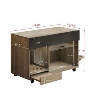 Armoire liti&egrave;re 100x45.5x67cm, avec gamelles, bac liti&egrave;re, plaque perfor&eacute;e, gris antique/ch&ecirc;ne - Neuf