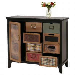 Commode de pharmacien HWC-O63, armoire &agrave; tiroirs, porte-&eacute;tiquettes, motif vintage shabby, bois 80x91x40cmCorps noir - Neuf