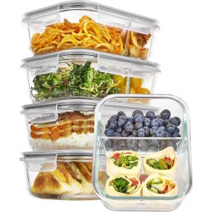 Checarzhn--No1-Lot De 5 33oz Boite Repas À 2 Compartiments¿Lunch Box Verre,Boite En Verre Avec Couvercle Alimentaire,Meal Prep Containers,Compatible Micro-Ondes, Four, Congélateur Et Lave-Vaisselle,S - Neuf