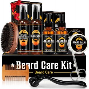 Asfasfq-Kit Pousse Barbe Homme Du Nettoyage À L'entretien - Kit Soin Barbe Homme Avec Beard Roller, Huile Pousse, Shampoing, Baume, Brosse, Conditionneur, Peigne À Barbe, Idéal Pour Lui Papa Mari Pet - Neuf
