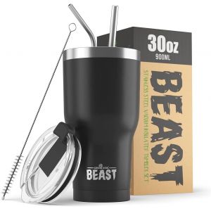 CMWS-BEAST Mug Isotherme Cafe - 900ml I Noir Matt I Acier Inoxydable I R&eacute;utilisable, Tasses Isothermes I 2 Pailles et Brosse Nettoyage I Thermos Caf&eacute;s de Voyage Double Paroi I Caf&eacute; Chaud ou Glac&eacute; - Neuf