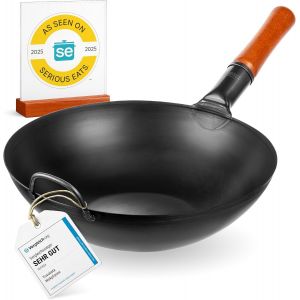 SUBZONAL-Woks Et Po&ecirc;les &agrave; Frire 34 cm &agrave; Fond Plat Pr&eacute;-assaisonn&eacute; Chinois Traditionnel - Wok Acier Carbone Noir Pour Induction, Plaques &Eacute;lectriques, Gaz, Feu Ouvert - Pour Saut&eacute;, Barbecue et Camping - Neuf