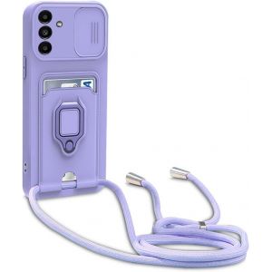 Ayu-Coque Avec Cordon Pour Samsung Galaxy M34 5g,Collier Pour Étui Colliers De Cellulaire Réglable Corde Silicone Souple Case,Protection De La Caméra,Support,Porte Cartes - Violet - Neuf
