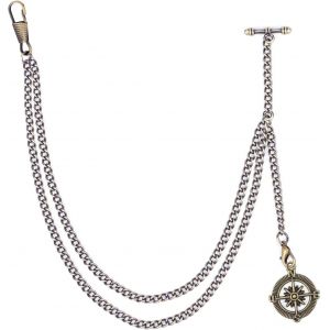 Trahoo-Chaine Montre Gousset - Chaîne Montre À Gousset Pour Hommes Avec Pendentif Médaillon, Montre De Poche Et Chaîne, Albert Chaine Fob T Bar Curb Link T-Bar 2 Crochets Ancienne Pour Homme - Neuf