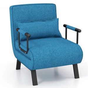 Fauteuil convertible 4 en 1 79 x 65 x 79 cm r&eacute;glable 6 positions assise confortable style moderne en lin bleu Helloshop26 20_0012080 - Neuf