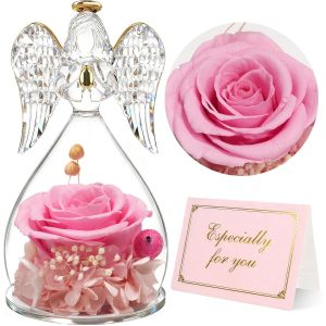 Rose &Eacute;ternelle - Ange Figurine en Verre avec Fleur &Eacute;ternelle, Cadeau pour Femme, Maman, Mamie - D&eacute;coration No&euml;l, F&ecirc;te des M&egrave;res - Vraie Rose - Neuf