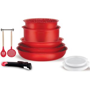 Subzonal-Amr41, Batterie De Cuisine 10 Pi&egrave;ces En Aluminium Avec Rev&ecirc;tement Adh&eacute;rent, Po&ecirc;les 20-22-26 Cm, Casseroles 16-18 Cm, Couvercle Herm&eacute;tique, 2 Ustensiles, Rouge - Neuf