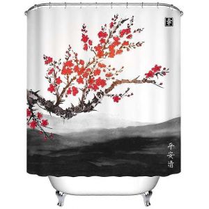 Rideau De Douche En Cerisier Rideaux De Bain Imperméables Anti-Moisissure Oriental Sakura Fleurs Rouges Arbre Paysage Montagnes Lointaines Motif Polyester Tissu - Neuf