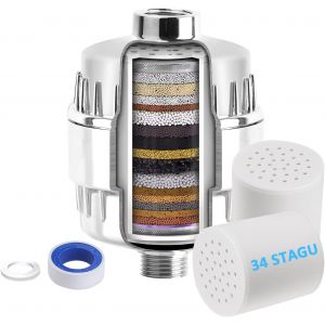 Filtre de douche pour eau dure, filtre de pommeau de douche &agrave; 34 &eacute;tapes avec 2 cartouches rempla&ccedil;ables, filtre &agrave; eau de douche multi-&eacute;tapes pour enlever le chlore, les m&eacute;taux lourds et autres - Neuf