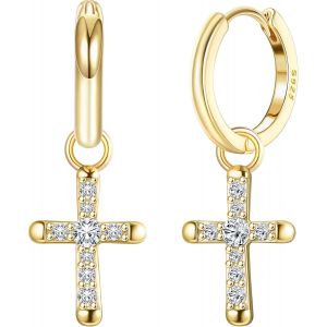 Boucles D'oreilles Forme De Croix Argent Sterling 925 Pour Femmes Hommes Boucles D'oreilles En Cz Boucles D'oreilles Forme De Croix Avec Paillettes 18 Carats Or/Argent.[X1766] - Neuf