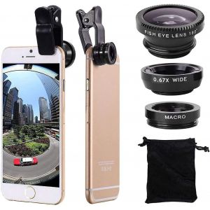 LORANKA-Kit D'objectif 3 en 1 pour T&eacute;l&eacute;phone Portable, Objectif Macro Fisheye Grand Angle (Noire) - Neuf