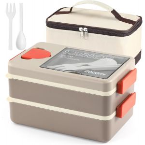 Jexnovashop-Bento Lunch Box, 2 Etages Boite Repas Avec 4 Compartiments, 2000ml De Grande Capacit&eacute;, Herm&eacute;tique Bo&icirc;te &Agrave; Lunch Avec Couverts, R&eacute;cipient De Sauce Et Sac Lsotherme, Micro-Onde Et Lave-Vais - Neuf