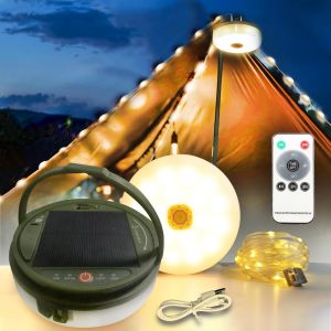 Kal-Guirlande Lumineuse De Camping Solaire Extérieure,12m 120led Lampe Camping Solaire Exterieure, Ip65 Imperméable 8 Modes, Rechargeable Par Usb, Guirlande Lumineuse Escamotable Pour Camping, Jardin - Neuf