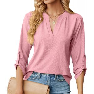 Utigh-Chemisier Élégant À Col En V Pour Femme Chic Chemisier Ample À Manches Enroulables À 3/4 Manches Longues Lâches Hauts Tuniques De Base T-Shirt Blouses(S-Xxl) - Neuf
