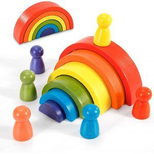 KAL-Jeu Arc En Ciel En Bois, Jouets Montessori Bloc De Construction, 12Pcs Puzzle De Nidification Tour D'Empilage + Poup&eacute;es En Bois, Jouet D`&Eacute;veil &Eacute;ducatifs Cadeau Pour Tout-Petits Enfants Gar&ccedil;on Fil - Neuf