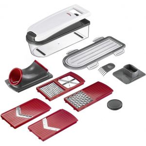 Chenquansarl-Mandoline/Coupe-Légume/Trancheur Avec Couvercle, Récipient Collecteur Et 5 Grilles De Coupe, 12 Pièces, Acier Inoxydable/Plastique, Star Plus, Blanc/Transparent/Rouge, 97112260 - Neuf
