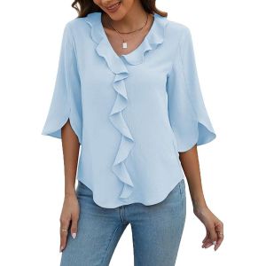 Utigh-Abingoo Femmes Chemisier Tunique Élégant Col En V 3/4 Manches Mousseline Blouse Couleur Unie Travail T-Shirt Casual Tops - Neuf