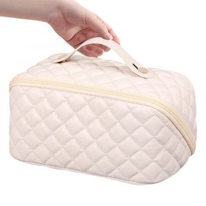 Trousse de toilette de voyage pour femme - Organisateur de toilette en cuir PU avec plusieurs poches de rangement et poign&eacute;e amovible - Neuf