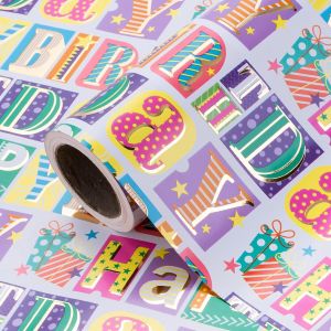 Papier D'emballage D'anniversaire - Mini Rouleau - 43,2 Cm X 5 M - Papier D'emballage De Joyeux Anniversaire En Feuille D'or Coloré Pour Enfants Filles Femmes Anniversaire, Baby Shower - Neuf