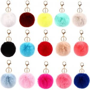 KAL-15 Pcs Pompon Porte Clé 14 Cm Porte Clef Femme Pompon Fourrure Sac À Main En Véritable Poil De Lapin, Toucher Doux - Neuf