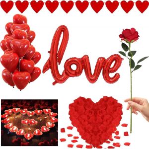 SJZG-Saint-Valentin D&eacute;corations Bougies Romantiques P&eacute;tales De Rose 50 Bougies De Coeur 1000 P&eacute;tales De Rose 20 Ballons Coeur Love Ballon D&eacute;coration Pour Mariage Fian&ccedil;ailles Anniversaire Chambre Amou - Neuf