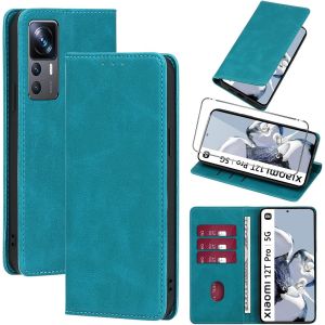 Kal-Coque Cuir Pour Xiaomi 12t Pro 5g 6.67"" Avec 1 Verre Trempé Etui À Rabat En Pu Porte-Cartes Portefeuille Support Flip Housse Magnétique Antichoc Anti-Rayures Case,Light Bleu Clair - Neuf