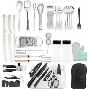 Ulteronixshop-Lot de 36 ustensiles de cuisine de camping en acier inoxydable avec sac &agrave; dos et 10 brochettes pour barbecue, ustensiles de cuisine d'ext&eacute;rieur pour pique-nique, randonn&eacute;e, barbecue - Neuf