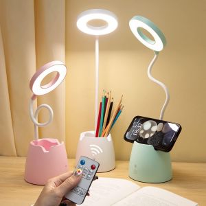 Lampe De Bureau,Lampe Bureau Enfant Dimmable Avec Fonction De Télécommande,3 Modes D'éclairage,Chronométré,Rechargeable Garçon Lampe De Table Led Avec Porte-Stylo Et Support Téléphone,Vert - Neuf
