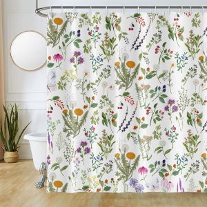KAL-Rideau Douche Fleuri, Rideau De Douche Feuilles Vert Floral Jaune Violet Rideau De Baignoire Anti Moisissure Imperméable Tissu Polyester Lavable Rideau De Bain Avec 12 Crochets 180Lx180Hcm - Neuf