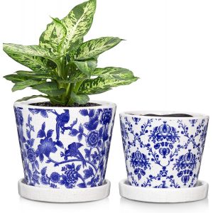 Lot de 2 pots de fleurs ronds en céramique avec trous de drainage et soucoupes-Petit pot en céramique pour plantes succulentes,cactus,intérieur et extérieur,jardin,maison,rebord de.[N3] - Neuf