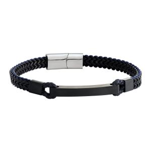 Bracelet Homme Jourdan Donovan Acier Noir Et Cuir Bleu - Neuf