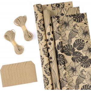 Rouleaux De Papier D'emballage Avec Étiquettes, Ficelle De Jute - 43cm X 3m Par Rouleau, Total De 3 Rouleaux, Fleurs Noires - Neuf