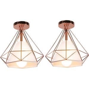 Kal-Plafonnier Rétro Cage Forme Diamant 25cm, Style Industriel Vintage En Métal Fer, Luminaire Ampoules E27 Pour Salon Chambre Restaurent Couloir Café Bar (2pcs Rose) - Neuf