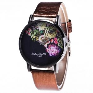 Zhoulianfa D&eacute;coration &Agrave; La Main Rose Motif Cadran Quartz Pu Bracelet En Cuir Montre Pour Femme (Marron) - Neuf