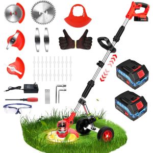 SUBZONAL-21V Debroussailleuse Electrique sans Fil, Débroussailleuse à Batterie avec Roues Réglables, Coupe Bordure sans Fil avec 2 Batteries de 2,0 Ah et 4 Types de Lames, pour Débroussaillage, Cour, - Neuf