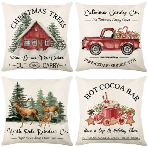 No&euml;l Housse De Coussin 45x45cm,Ensemble De 4 No&euml;l D&eacute;coratif En Coton Et Lin De No&euml;l Canap&eacute; Housses De Coussin Pour Canap&eacute;-Lit Chambre &Agrave; Coucher Chaise De Jardin-Joyeux No&euml;l D&eacute;coration - Neuf