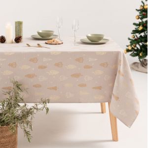 Nappe De No&euml;l En Coton Jacquard Beige Et Or 140x300 Cm - Neuf