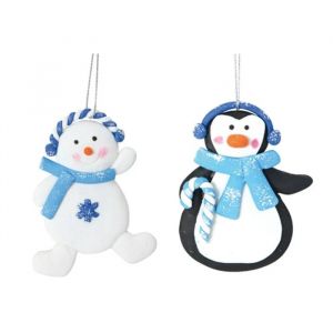 Set de Deux Suspensions Pingouin et Bonhomme de Neige Blanc et Bleu 11 x 3 cm - Neuf