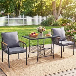 Ensemble Bistro De Terrasse En Rotin Pe 3 Pi&egrave;ces Costway, Table Rectangulaire Et Chaises De Jardin Ext&eacute;rieur Avec Coussins, Gris - Neuf