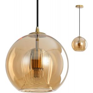 Subzonal-Lampe Suspendue &Agrave; Globe En Verre Moderne Avec Base Dor&eacute;e, Lampe Industrielle &Agrave; Suspension E27, Lampe De Plafond Pour Iles De Cuisine, Salons, Chambres (Ambre, 20cm) - Neuf